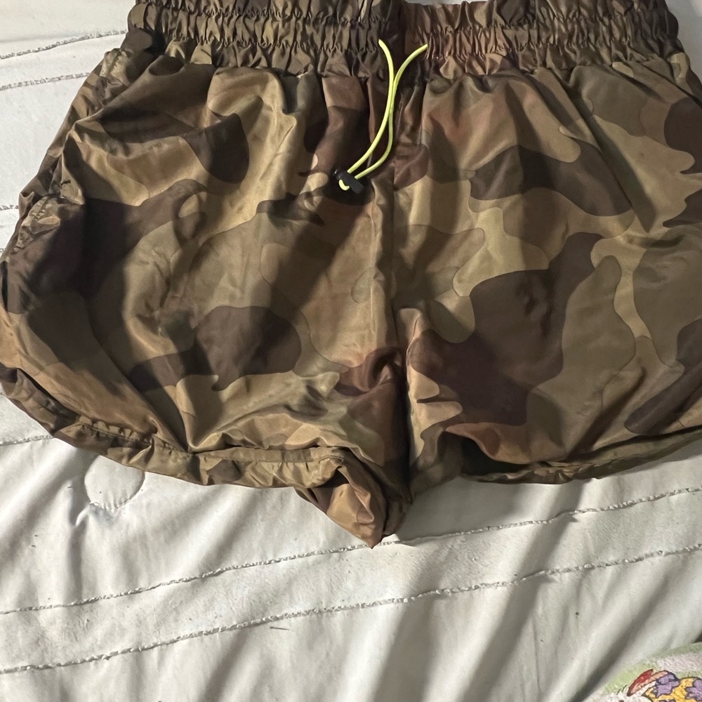 No Boundaries Brown and Green Athletic Shorts with Camouflage Print